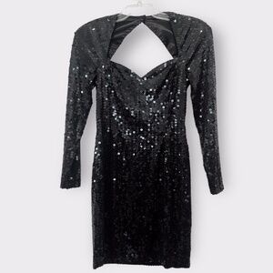 Vintage 1980's Night Line Black Sequined Long Sleeved Cocktail Dress Sz 8